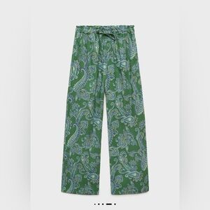 “Mango Green Paisley-Print Wide-Leg Pants, Women’s Size M